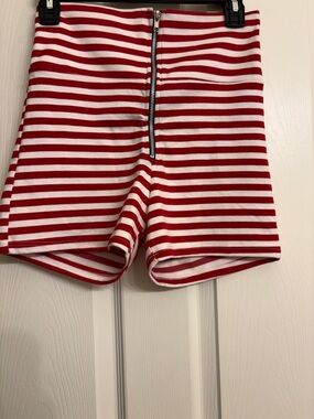 Striped Red and White High-Waist Zip-Front Junior’s Shorts